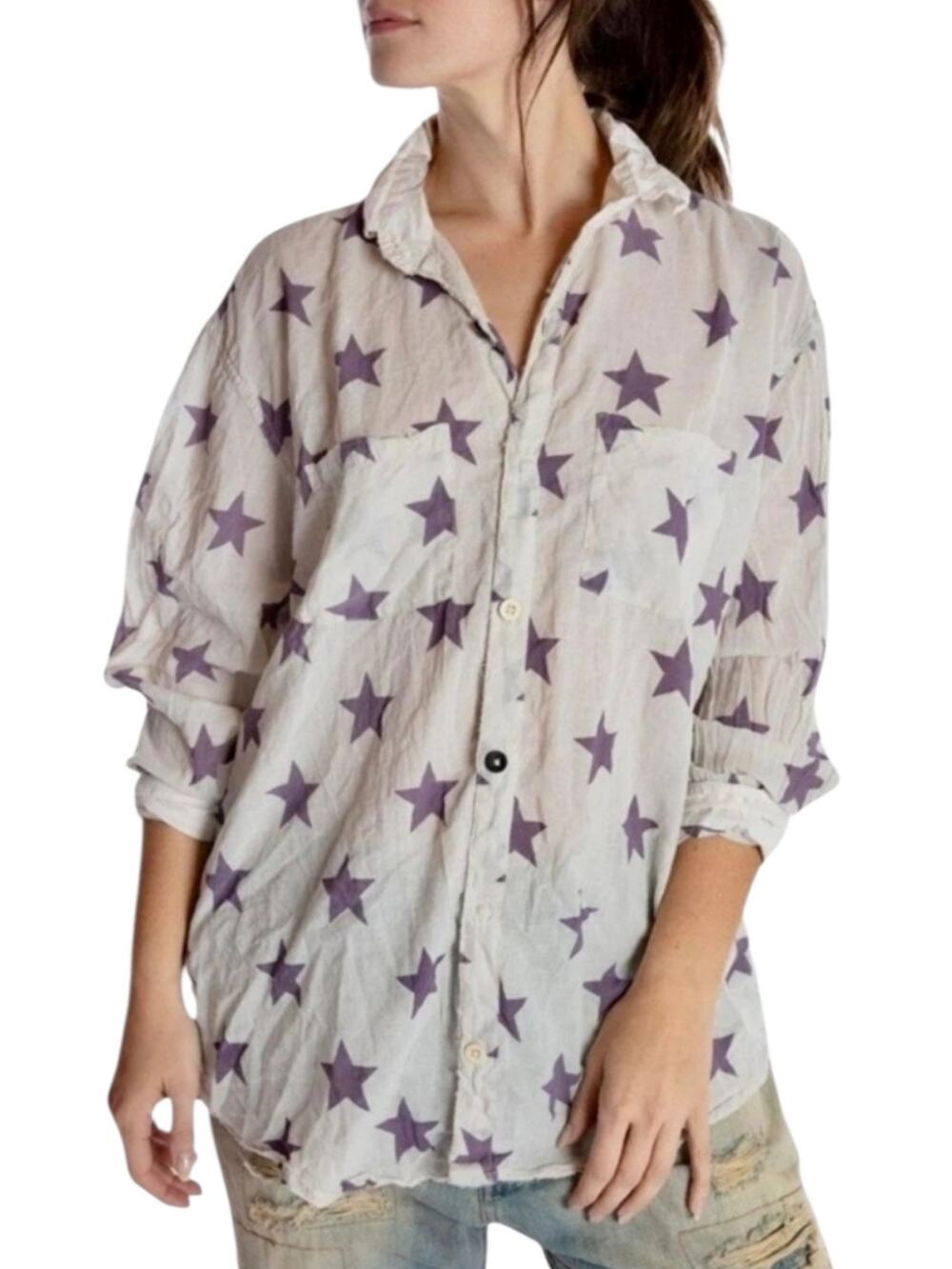 Magnolia Pearl Cream Purple Star Cotton Boyfriend Shirt 943
